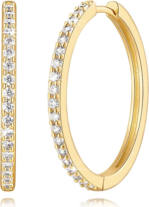 14K Gold Plated Earrings for Women 14K Gold Plated Hoop Earrings for Women Cubic Zirconia Shining Gold Plated Hoops Earring for Womens Hoop Lightweight Hoops Earring for Womens 12/14/16/20/25/30mm