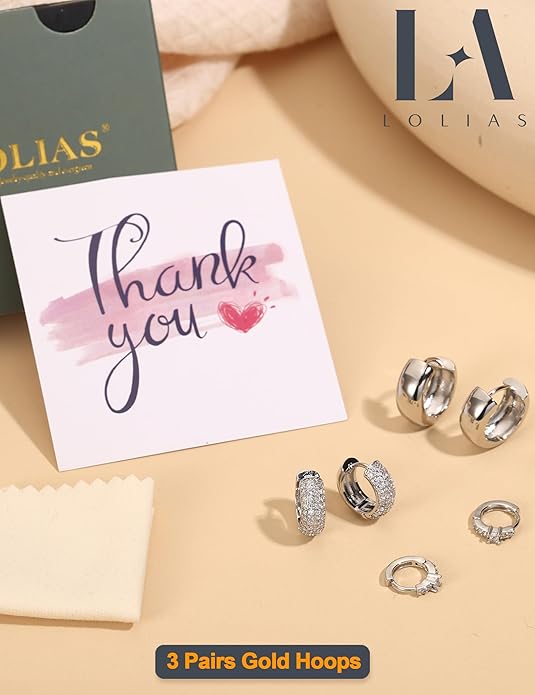 LOLIAS Small 14K Gold Plated Chunky Hoop Earrings for Women Hypoallergenic Silver Earrings Set for Sensitive Ears Non Tarnish Huggie Hoops Earring Stacks for Multiple Piercing Jewelry Lightweight 3Pairs