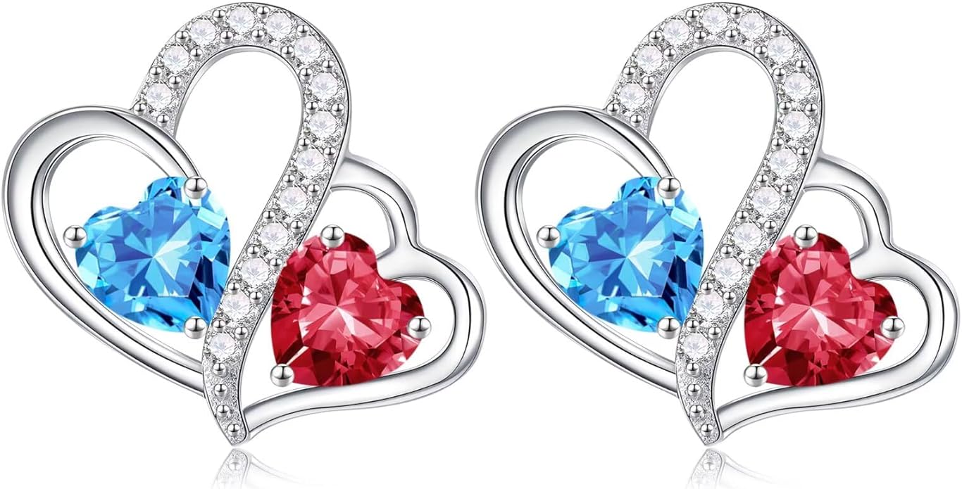 Iefil Valentines Day Gifts for Her - Birthstone Earrings Gift for Women, 925 Sterling Silver Double Heart Birthstone Earrings | Anniversary Birthday Gifts for Women, Personalized Jewelry for Wife Mom