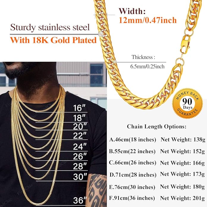 FindChic Men Curb Chain Necklace 18K Gold Plated/Stainless Steel/Black Chunky Double Tight Cuban Link Hip Hop Neck Chains for Men Boys 3.5MM/5MM/6MM/7MM/9MM/12MM 14''-30'' 8 Length Options (Send Gift Box)