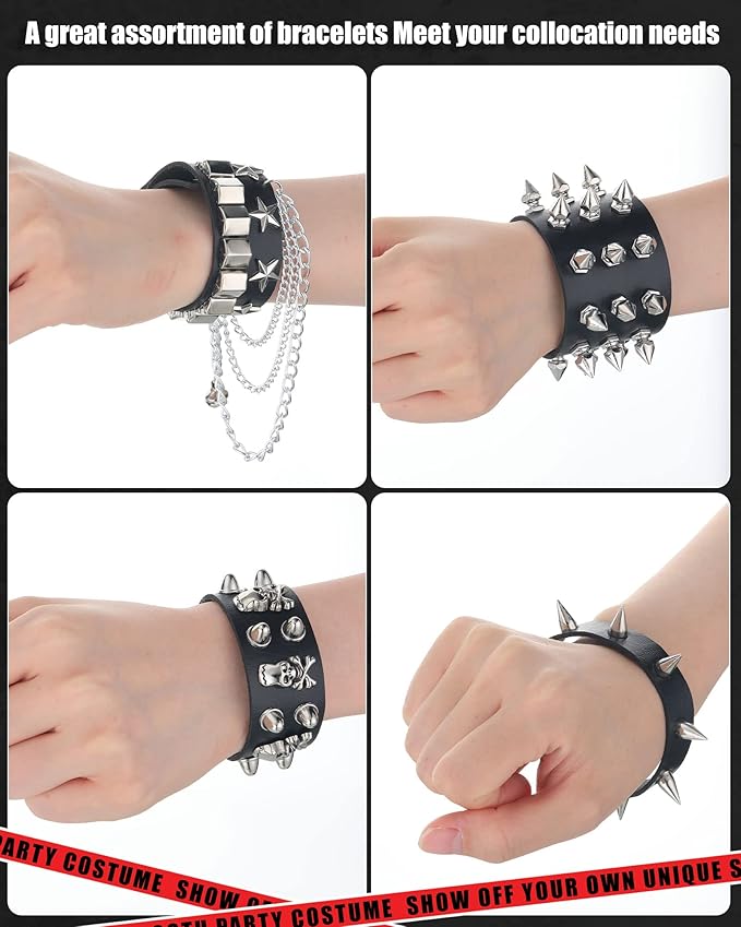 Hicarer 9 Pieces Spiked Studded Bracelet Black Leather Rivet Punk Bracelet Cuff Wrap Bangle Snap Button Metal Wristband for Men Women