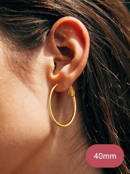 FOCALOOK 14K Gold Plated Lightweight Large Hoops| 2mm Thin Hoop Earrings for Women 30/40/50/70/100mm