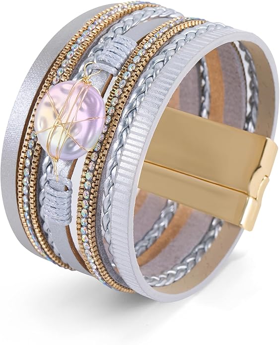 ENGCKSHI Wrapped Bracelets for Women,Leather Bracelet,Boho Bracelets for Women,Multi-Layer Pearl Crystal Bracelet Bangle Jewelry