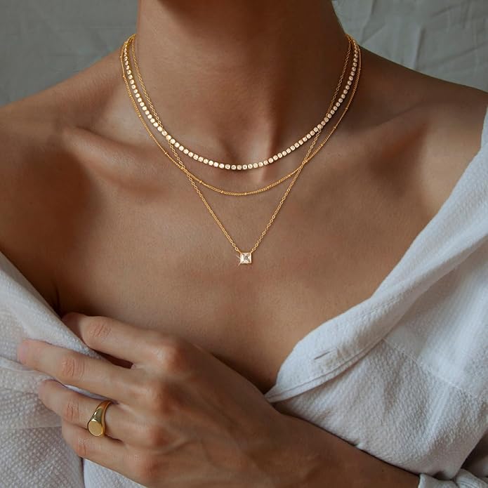 CHESKY 14K Gold Plated Layered Necklaces for Women,Dainty Gold/Silver Plated Chain Necklace CZ Pendant Necklace Adjustable Layering Choker Necklace jewelry Gifts