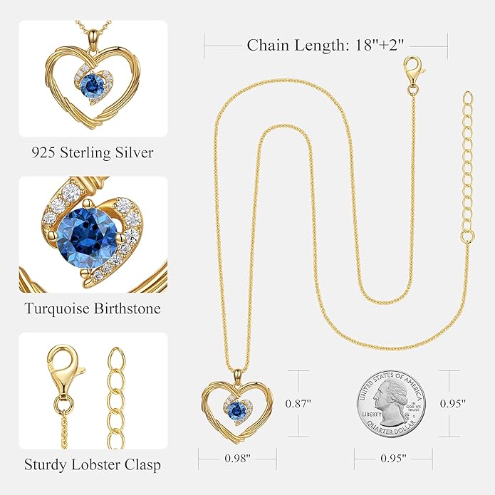 G&GEMSJEW 18K Gold Heart Birthstone Necklaces for Women, S925 Sterling Silver Jewelry Birthday Gifts for Women Wife Girlfriend Mom, Anniversary Christmas Valentines Gifts