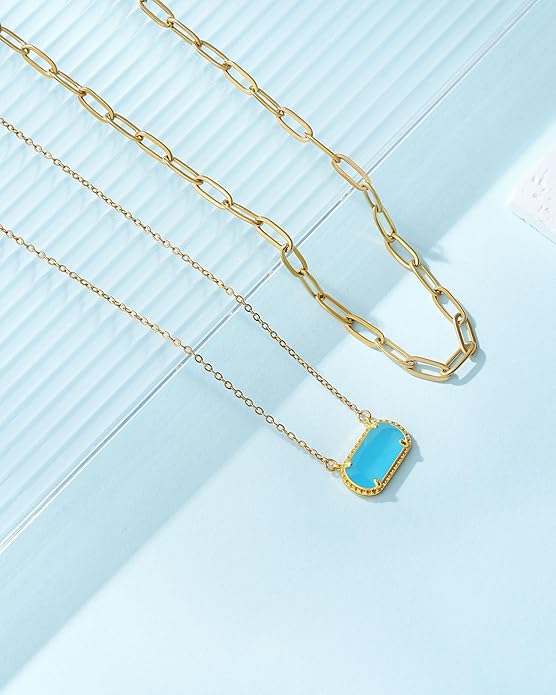 Lourny Gemstone Birthstone Pendant Layered Necklace for Women Trendy, 18K Gold Plated Paperclip Chain Preppy Choker Charm Necklace for Women Wife Jewelry