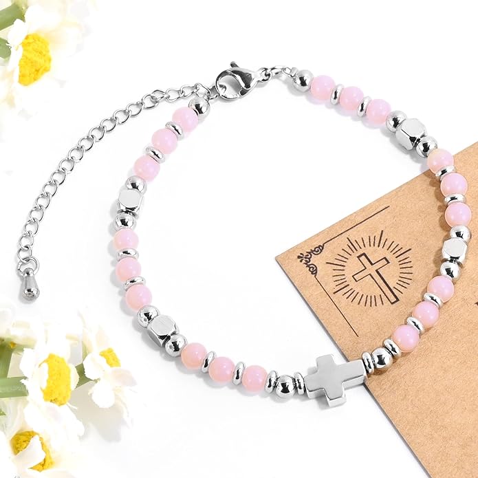 VIBILIA Cross Beaded Bracelets for Women, Inspirational Natural Heart Religious Bracelets for Women, Birthday Christian Gifts for Women on Thanksgiving Christmas Gifts