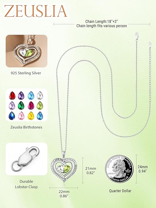 Zeuslia Double Birthstone Necklace Gifts for Wife - 925 Sterling Silver Sunflower/Rose/Crown Cross/Compass/Heart Pendant I Love You Necklace, Anniversary Birthday Gifts for Wife Girlfriend Mom Her