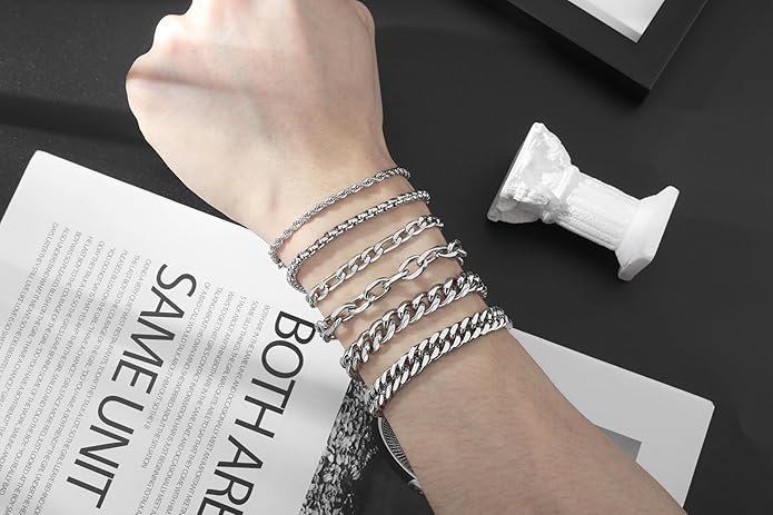 XIANNVXI 6pcs Stainless Steel Bracelets for Men Women Silver/Gold/Black Cuban Link Rope Paperclip Chain Bracelets Set 6.5/7/7.5/8.3/9 Inches Metal Bracelet Mens Fashion Accessories Jewelry Set