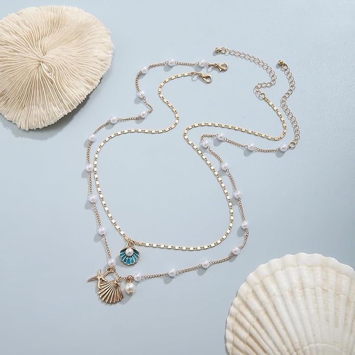 Gold Starfish Necklace for Women Beach Jewelry Accessories Sea Shell Beach Necklace Layered Starfish Pendant Beachy Ocean Necklaces Boho Cowrie Seashell Summer Necklaces Jewelry Gifts Trendy Stuff