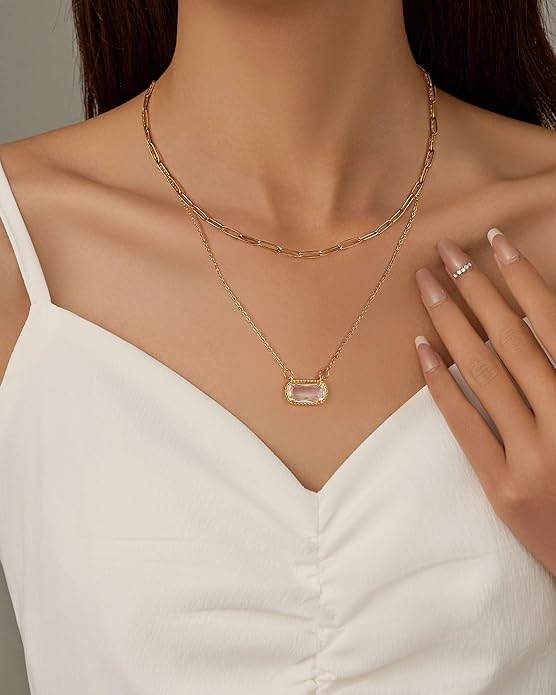 Lourny Gemstone Birthstone Pendant Layered Necklace for Women Trendy, 18K Gold Plated Paperclip Chain Preppy Choker Charm Necklace for Women Wife Jewelry