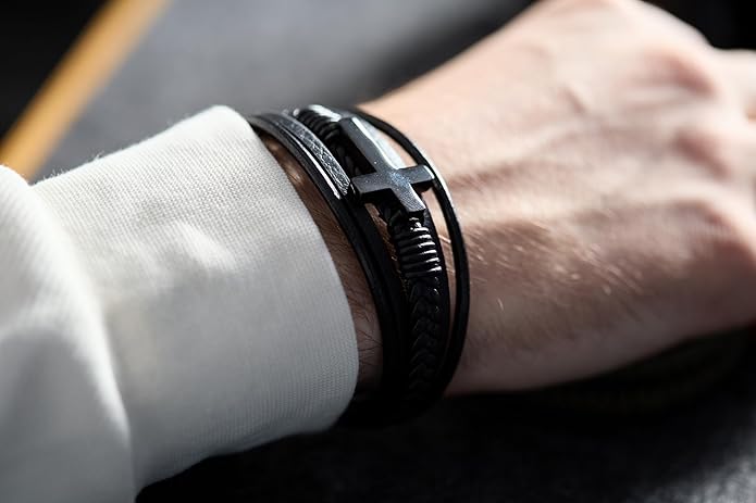 Cross Bracelet for Men - Genuine Leather Religious Bracelets | Stylish Christian Bracelet for Men - Perfect Faith Accessory | Mens Cross Bracelet - Christian Jewelry