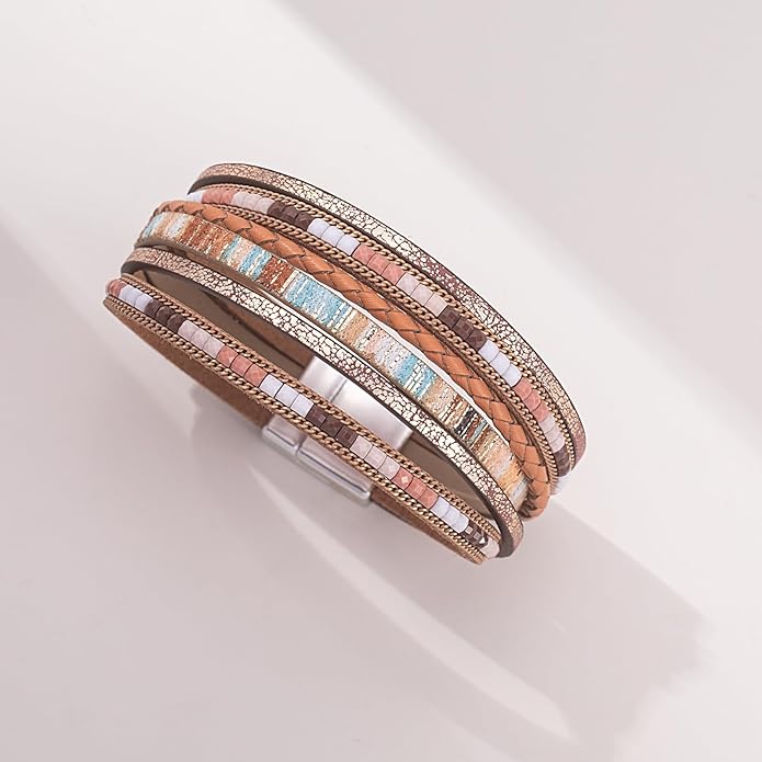 FANCY SHINY Boho Leather Wrap Bracelets Trendy Layered Bracelets with Magnetic Clasp Strackable Bohemian Jewelry Gifts for Women