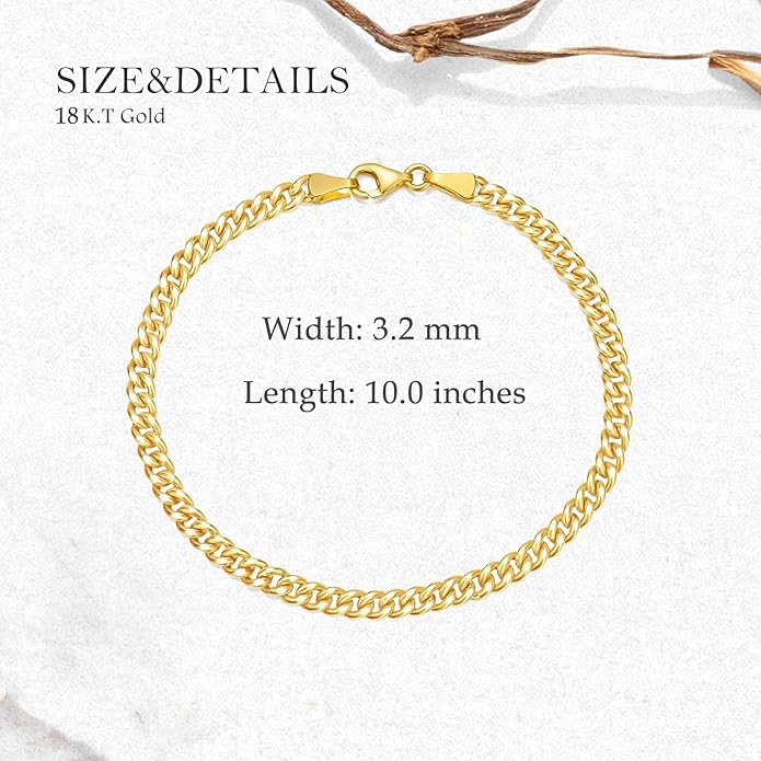 SISGEM Solid 18k Gold Cuban Link Anklet for Women, Real 18 Karat Gold Ankle Bracelet for Her (3.2 mm, 10 inch)