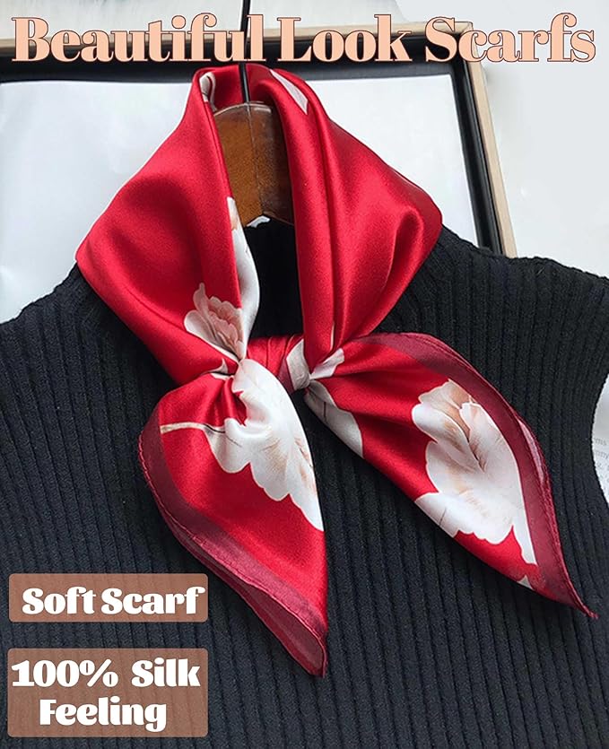 kcctoo 27.5" Mulberry Silk Feeling Head Scarf Women's Fashion Square Neck Satin Scarfs for Bag Hair Scarves Gift