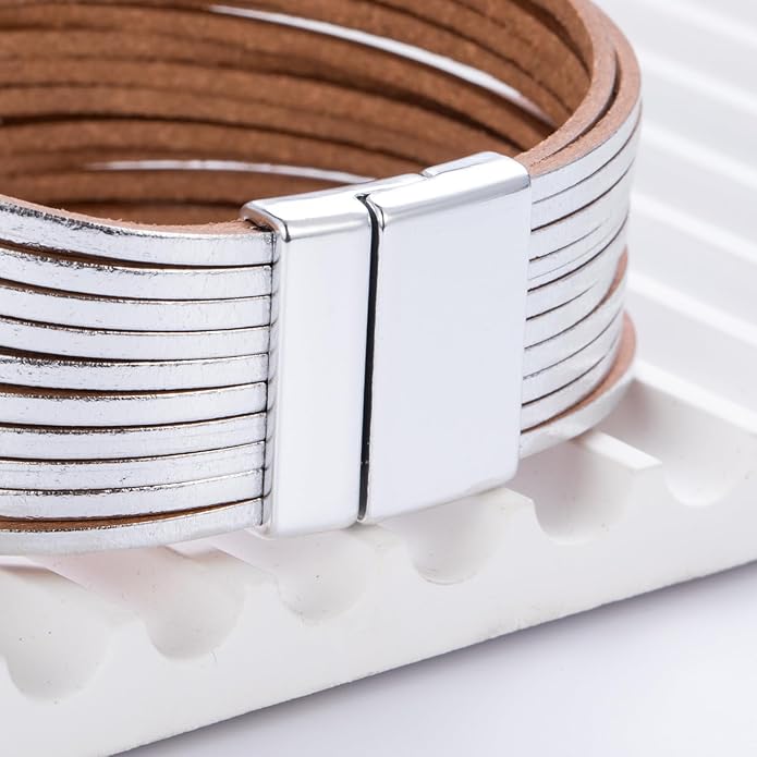 FANCY SHINY Boho Leather Wrap Bracelet Stackable Layered Bangle Cuff with Magnetic Clasp