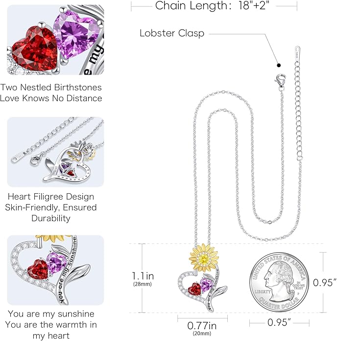 PERJI Valentine's Day Gifts for Women - 925 Sterling Silver Double Birthstone Sunflower Necklace, Anniversary Birthday Jewelry You are My Sunshine Gifts for Wife Couple Girlfriend 18"+2" Non Tarnish