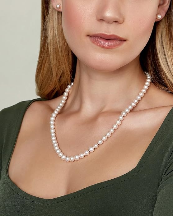 The Pearl Source Real Pearl Necklace for Women with AAA+ Quality Round White Freshwater Genuine Cultured Pearls | Pearl Strand with 14K Gold Plated Sterling Silver Clasp