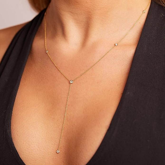 Lariat Gold Necklaces for Women Trendy Dainty Long Necklace 14k Gold Plated/Silver Layered Drop Beaded Chain Necklaces Y-shaped Pendant Necklace Simple Gold Jewelry Gifts
