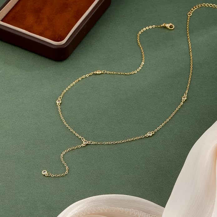 Lariat Gold Necklaces for Women Trendy Dainty Long Necklace 14k Gold Plated/Silver Layered Drop Beaded Chain Necklaces Y-shaped Pendant Necklace Simple Gold Jewelry Gifts