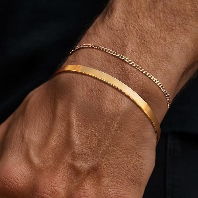 Moodear Stackable Bracelets for Men - Dainty 925 Sterling Silver/14K Gold Plated Cuff Snake Box Cuban Link Chain Bangle Bracelet Set Mens Jewelry