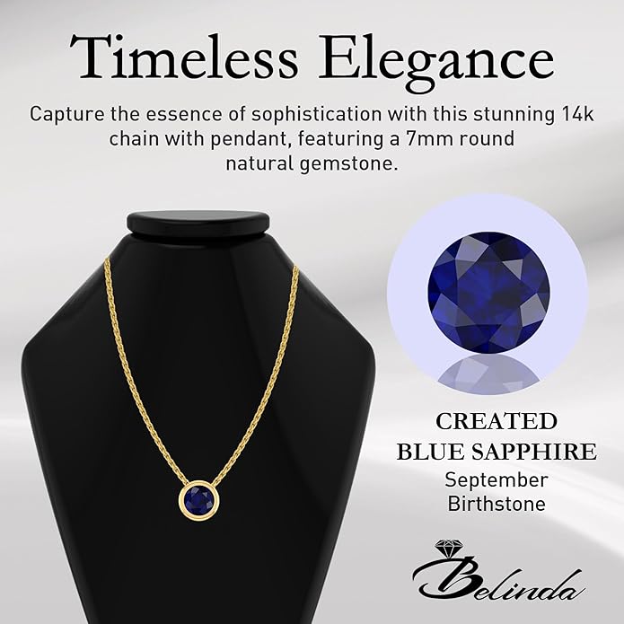 14K Gold Necklace for Women - 7mm Round Natural Gemstone Pendant with 18" Gold Chain - Trendy Birthstone Statement Fine Jewelry - Yellow Gold, Elegant Women's Accessories