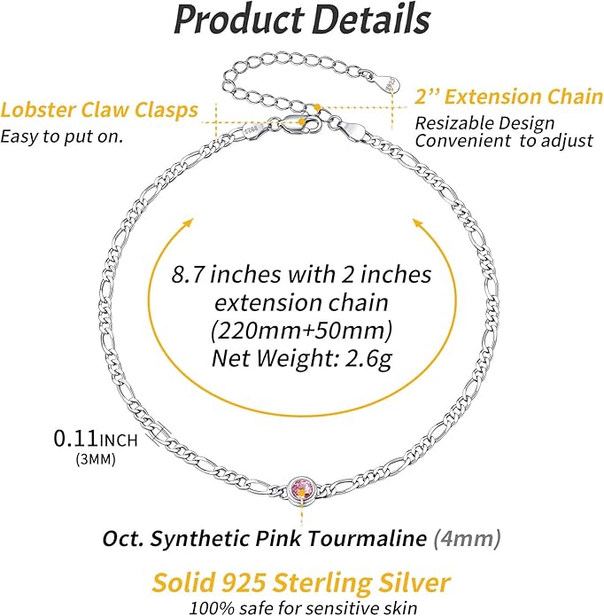 ChicSilver Sterling Silver Anklets Bracelets for Women, Figaro Chain Heart/Round Birthstone Anklet for Women Waterproof, Dainty Herringbone Ankle Bracelet Summer Beach jewelry