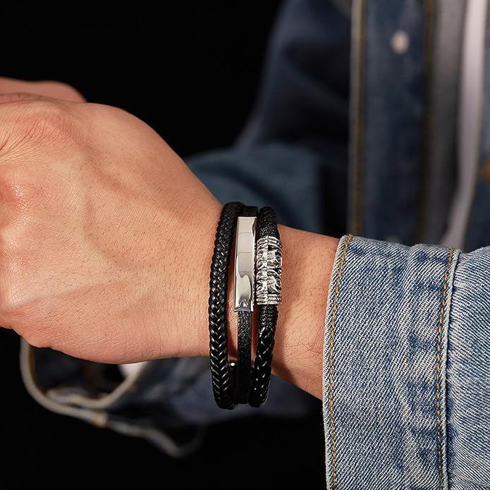 Italian Handmade Genuine Leather Bracelets for Men Stainless Steel Clip, Men's Casual Genuine Multi-layer Cuff Bracelet, Bracelet Gift for Real Men