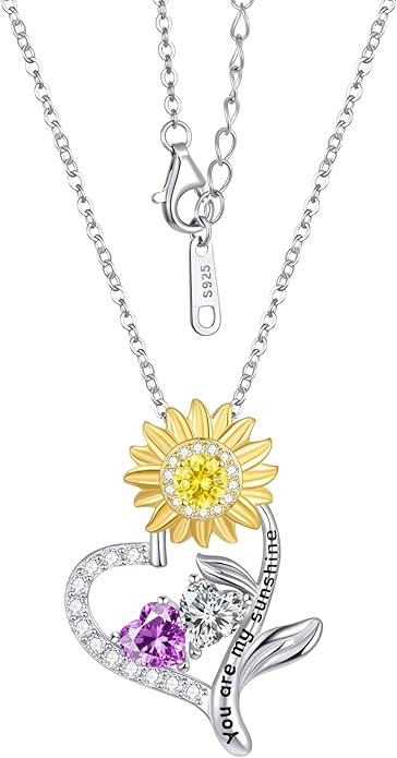 PERJI Valentine's Day Gifts for Women - 925 Sterling Silver Double Birthstone Sunflower Necklace, Anniversary Birthday Jewelry You are My Sunshine Gifts for Wife Couple Girlfriend 18"+2" Non Tarnish