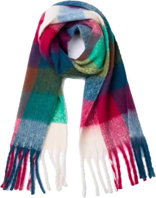 SHOHOKU Large Chunky Plaid Scarf Coloured Checked Oversized Scarf Tassel Soft Fall Winter Thick Warm Shawl Women