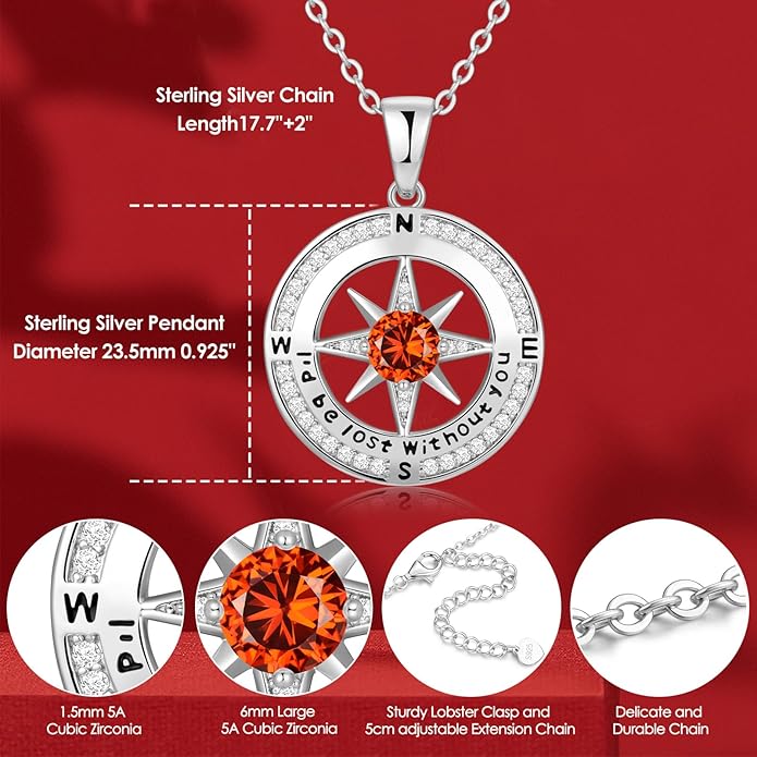 Zifeel Compass Necklace Gifts for Women wife - S925 Sterling Silver Birthstone Necklaces for Women - Anniversary Birthday Gifts for Her Wife Girlfriend - Valentines Mom Mothers Day Christmas Gifts Jewelry for Women