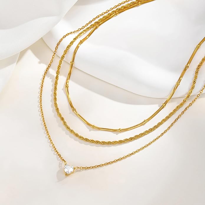 KSF Gold Layered Necklaces for Women - 18K Gold Plated Choker Necklace, 3PCS Women's Cubic Zirconia Choker Simple Dainty Stackable Pendant Necklaces Trendy Jewelry Gift for Women