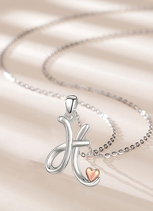 CELESTIA 925 Sterling Silver Initial Necklaces 26 Letter with Rose Gold Heart - 18 Inch Chain