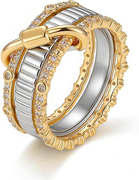 GT YIFU Statement Rings for Women, 18k Gold Plated Stackable Cubic Zirconia Rings, Silver Gold Multi Ring Mixed Metals Stackable Ring Set for Women Non Tarnish