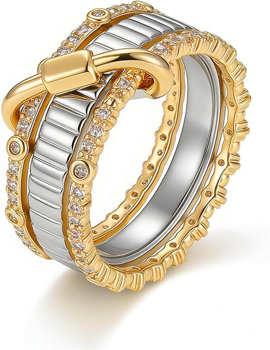 GT YIFU Statement Rings for Women, 18k Gold Plated Stackable Cubic Zirconia Rings, Silver Gold Multi Ring Mixed Metals Stackable Ring Set for Women Non Tarnish