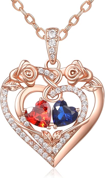 JIYVY32 Rose Heart Necklace for Women Exquisite 925 Sterling Silver Anniversary Birthday Gifts for Wife Mom Her Double Birthstone Pendant Jewelry