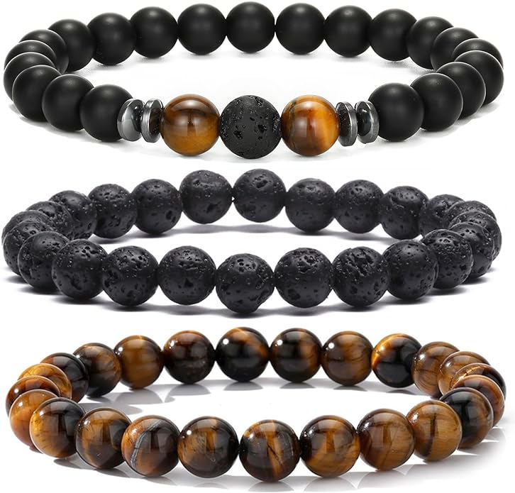MengPa Mens Beaded Bracelets Couples Matching Bracelet Set Lava Rock Beads for Women Stone Jewelry