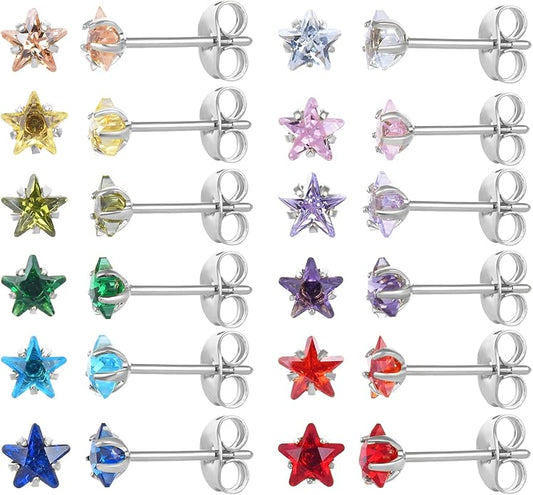 12 Pairs 18K Gold Plated Surgical Stainless Steel Stud Earrings, Star Heart Square Stud Earring for Women, Cubic Zirconia Birthstone Stud Earrings Set