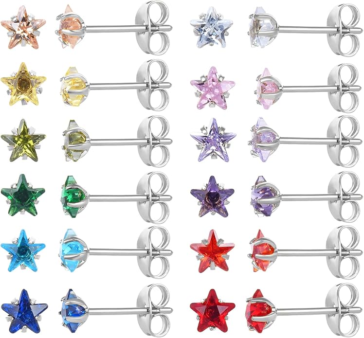 12 Pairs 18K Gold Plated Surgical Stainless Steel Stud Earrings, Star Heart Square Stud Earring for Women, Cubic Zirconia Birthstone Stud Earrings Set
