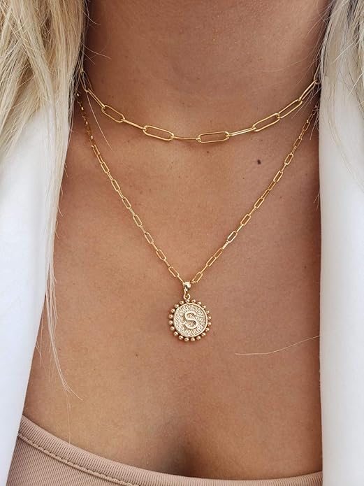 Yoosteel Gold Initial Necklaces for Women, 14K Gold Plated Dainty Layering Paperclip Link Chain Necklace Coin Initial Layered Necklaces for Women Personalized Birthday Gifts