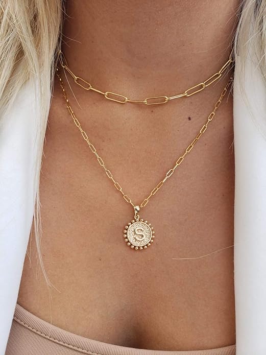 Yoosteel Gold Initial Necklaces for Women, 14K Gold Plated Dainty Layering Paperclip Link Chain Necklace Coin Initial Layered Necklaces for Women Personalized Birthday Gifts