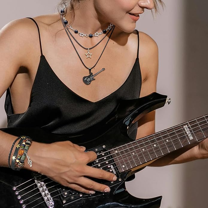 Multilayer Y2k Star Necklace Fairy Grunge Bracelets Set Handmade Fairycore Grunge Jewelry Gothic Swirl Star Necklace Punk Rock Roll Music Guitar Grunge Accessories for Women Men