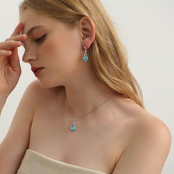 RUOFFETA Teardrop Crystal Jewelry Set, Birthstone Pendant Necklace Drop Dangle Earrings for Women