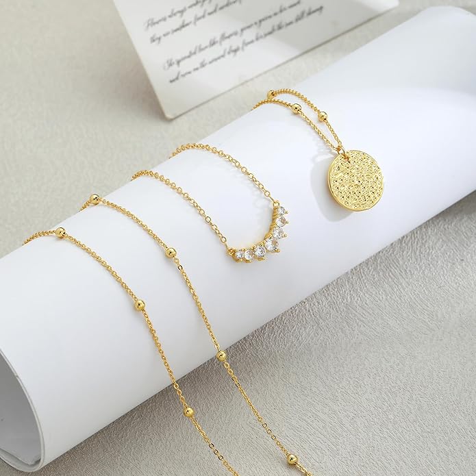 Layered Gold Necklace for Women Trendy 14K Gold Plated Heart CZ Pendant Layered Gold Necklaces Set Coin Choker Necklaces Simple Circle Cubic Zirconia Pearl Necklace Stack Herringbone Paperclip Chain Jewelry Set