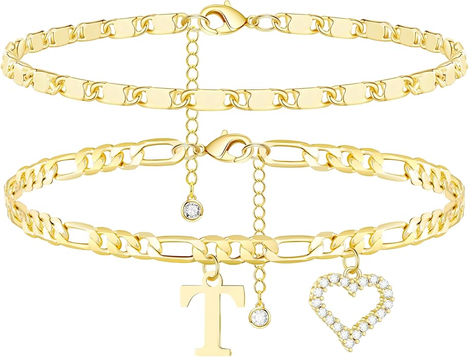 Initial Ankle Bracelets for Women Waterproof 14K Gold Plated Dainty Layered Figaro Chain Letter Initial CZ Heart Ankle Bracelets Set Summer Beach Jewelry for Women