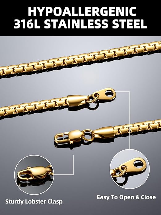 Bestyle 18K Gold Plated/Silver/Black Chain for Men, Hypoallergenic 2/4/6/8mm Stainless Steel Flat Link Chain Necklace for Men & Women Hip Hop Jewelry, 14-30"