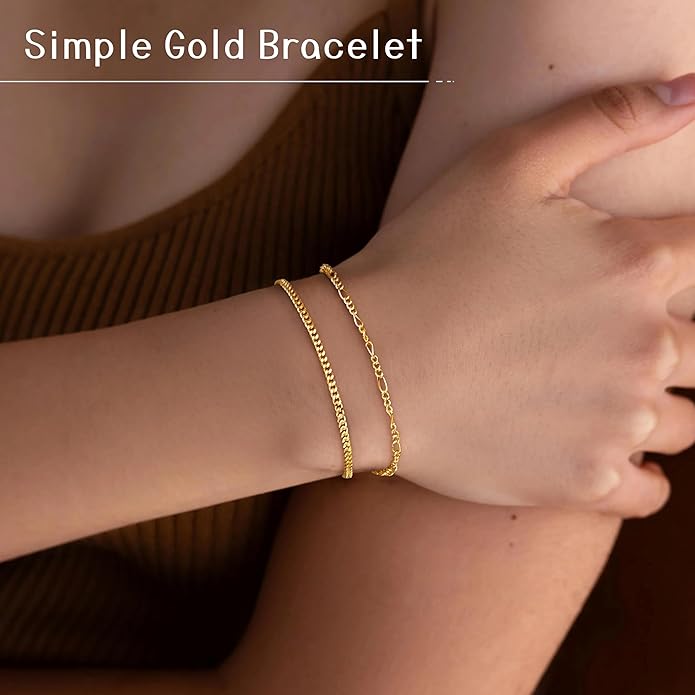 Gold Bracelets for Women Non Tainish,Dainty Bracelets Stack for Women Trendy, Gold Plated Cuff Bracelets Stack With Beaded Cuban Paperclip Snake Rope Bangle Hand Chain Jewelry Gifts for Women
