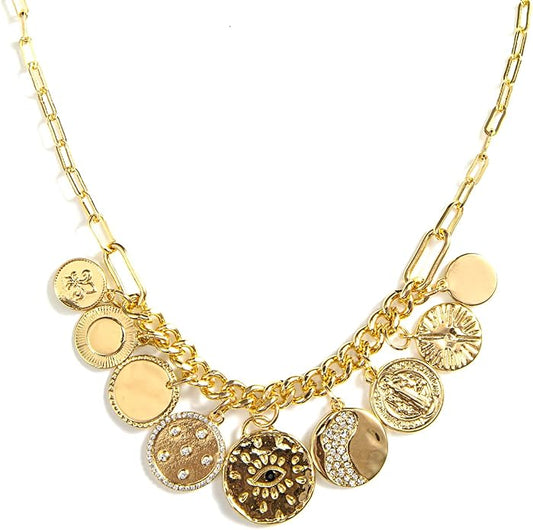 Charm Necklace for Women Gold Plated Chunky Evil Eye Sun Moon Flower Coin Pendant Dainty Handmade Paperclip Chain Necklace Jewelry for Women