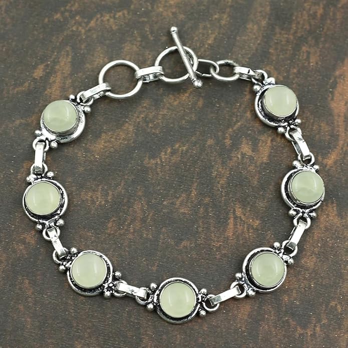 Round Shape Natural & Synthetic Gemstones Silver Plated Bracelets for Women - Vintage Bohemian Style Handmade Birthstone Adjustable Link Bracelet Jewelry Gifts for Wedding Anniversary Mother's Day