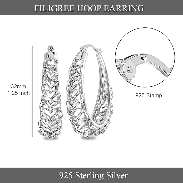 LeCalla 925 Sterling Silver Hoop Earrings | Women's Filigree Hoop Earrings | Openwork Mesh Filigree Cut Earring | Lightweight & Hypoallergenic Vintage Hoop Earrings for Women